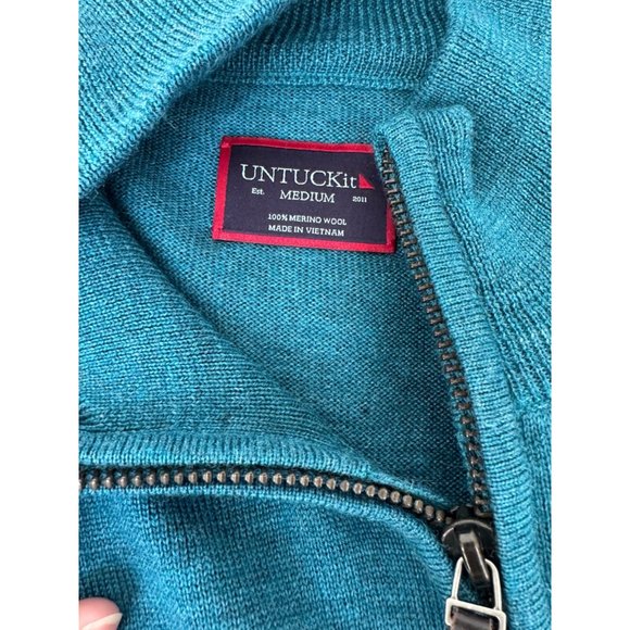 NWOT UNTUCKit Belgurdo Teal Quarter Zip Merino Wool Sweater | Size Medium - Picture 4 of 4